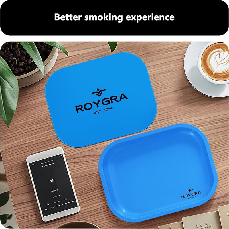roygra Rolling Tray with Magnetic Lid Set, Small Metal Tray with Lid, Cigarette Pre Roll Smoking Accessories, Portable Smell Proof Rolling Trays for Smokers, Home Table Decor, 7 x 5.5 inch - Blue - Image 5